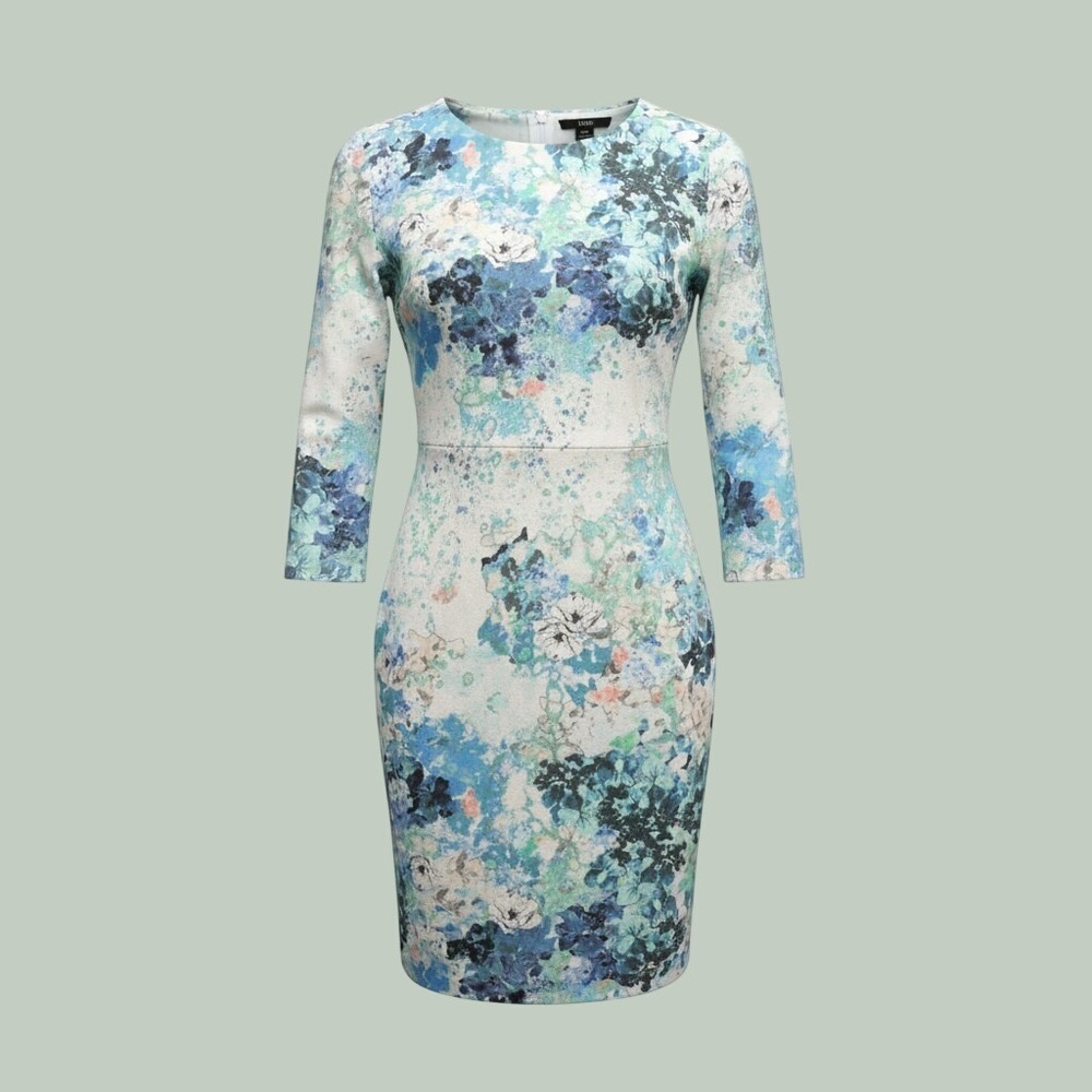 Soft Girl Watercolor Floral Print Bodycon Dress Womens Medium Blue Green HM